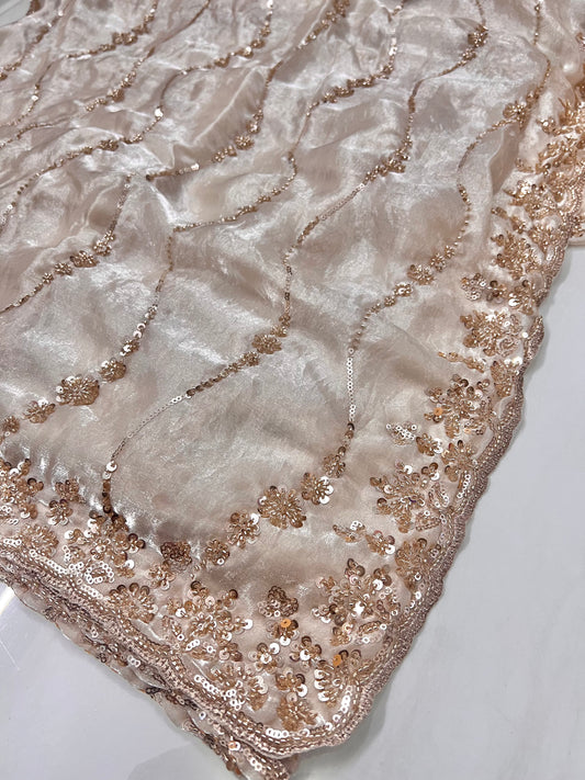 Soft Champagne Beige Color Fendi Silk  Saree with a subtle pearl sheen, ROSE GOLD SEQUINS and thread embroidery