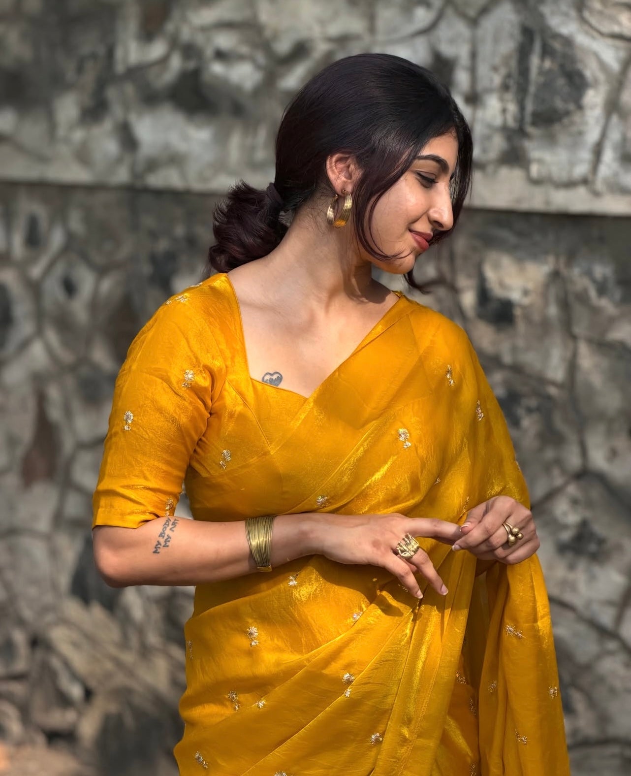 MUSTARD YELLOW Color Stardust Satin Saree