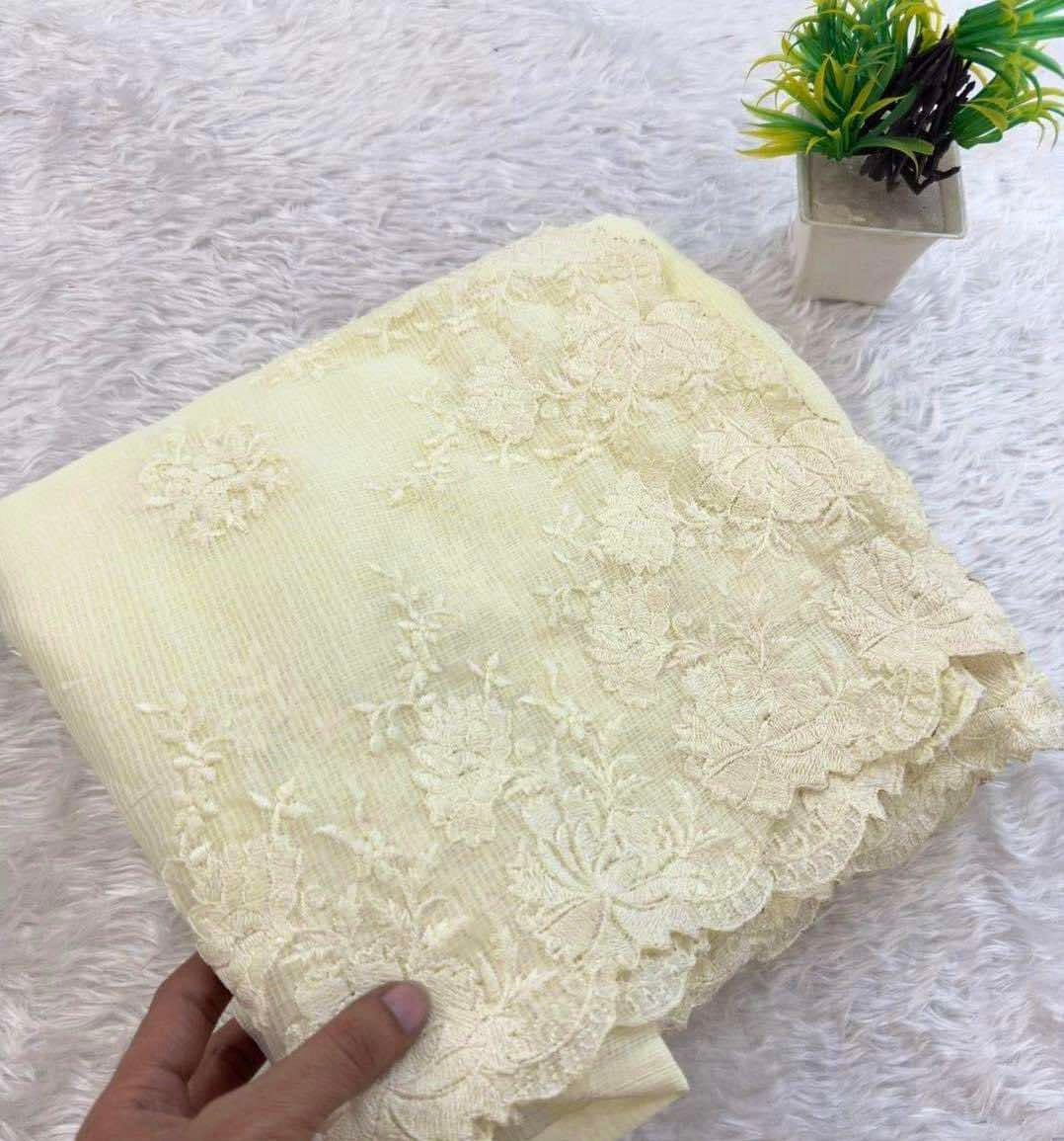 Cream White Kota Chex Embroidery Saree