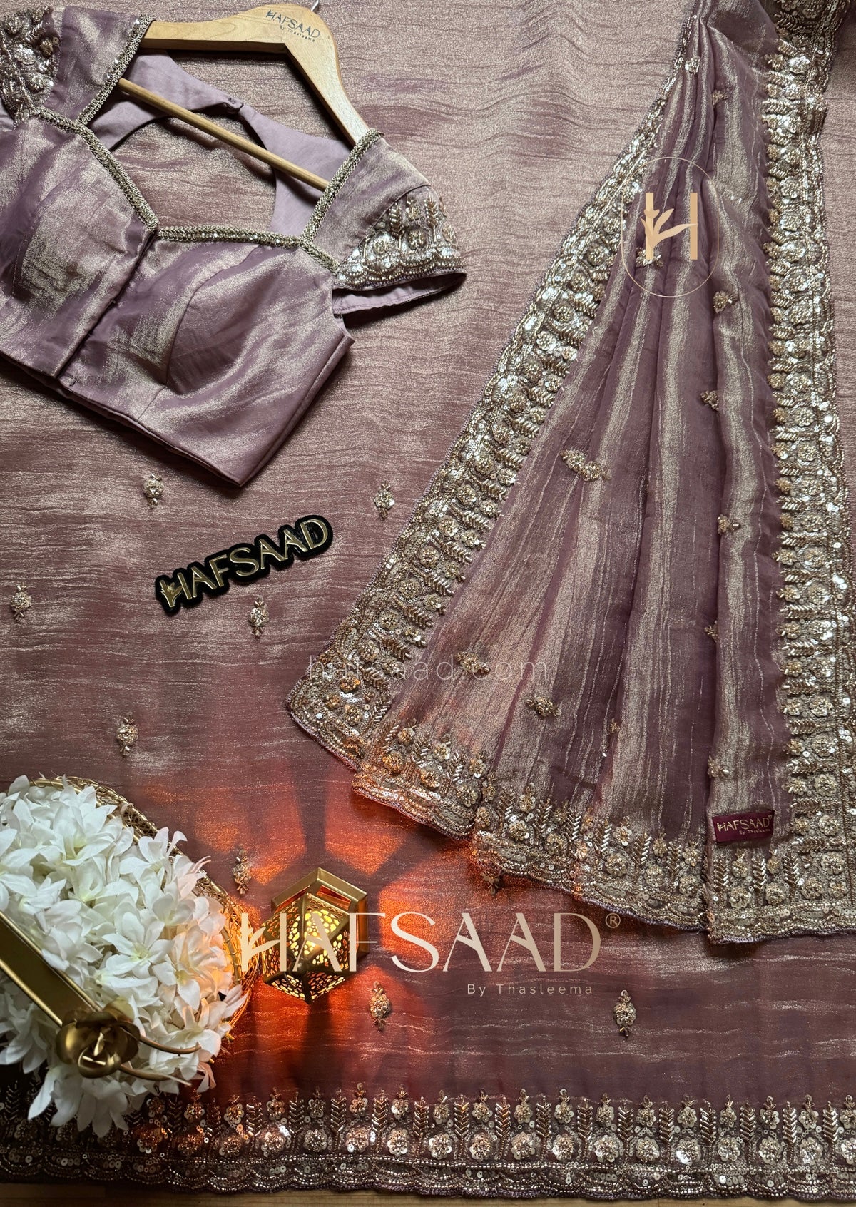 THISTLE PURPLE Tissue Silk Saree with antique gold and champagne-toned Works