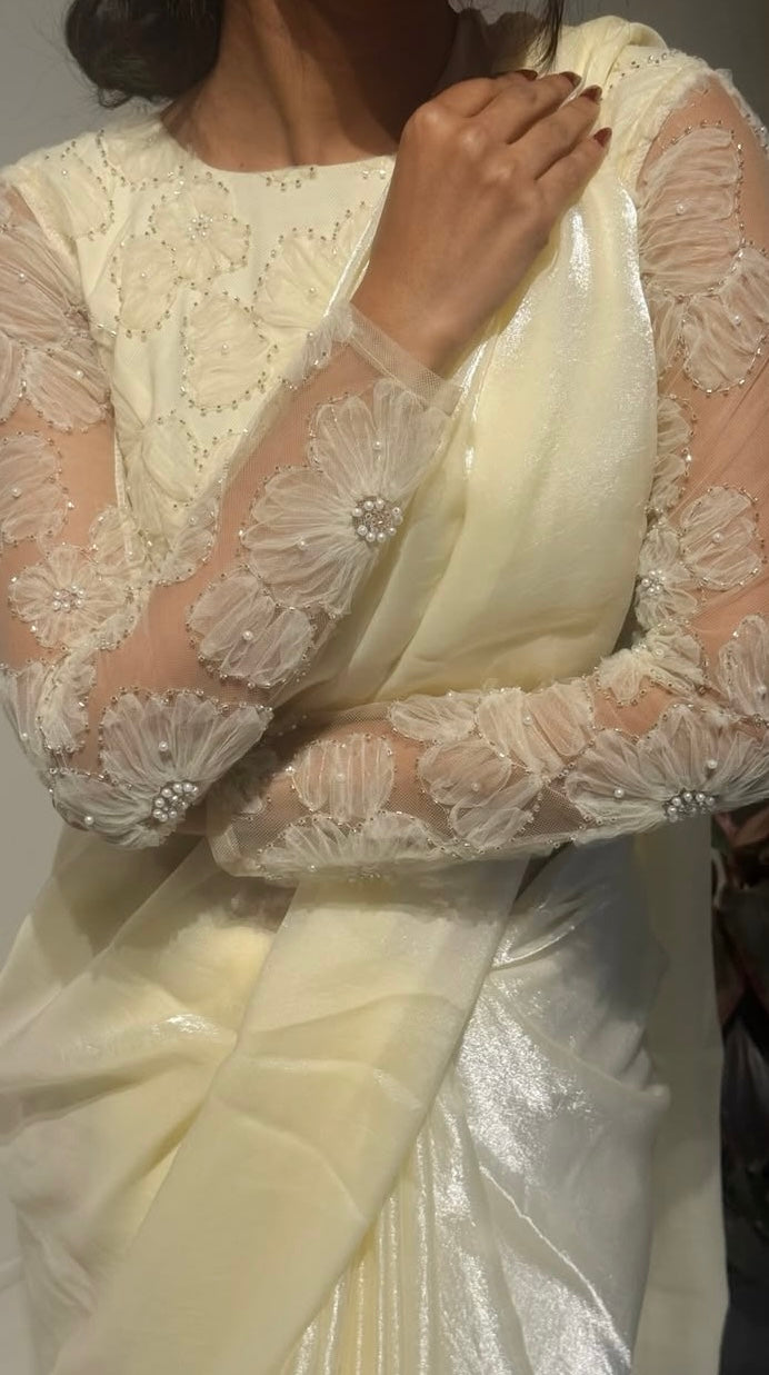 CREAM Color Premium Fendi Silk Plain Saree with Heavy Designer Blouse Piece