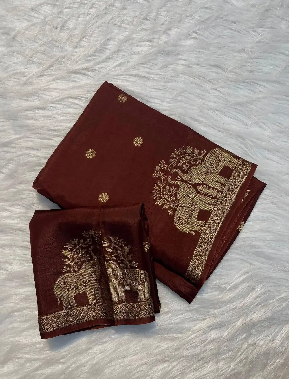 DEEP CHERRYWOOD COLOR Soft Viscose Russian Silk Jacquard Weaving Saree