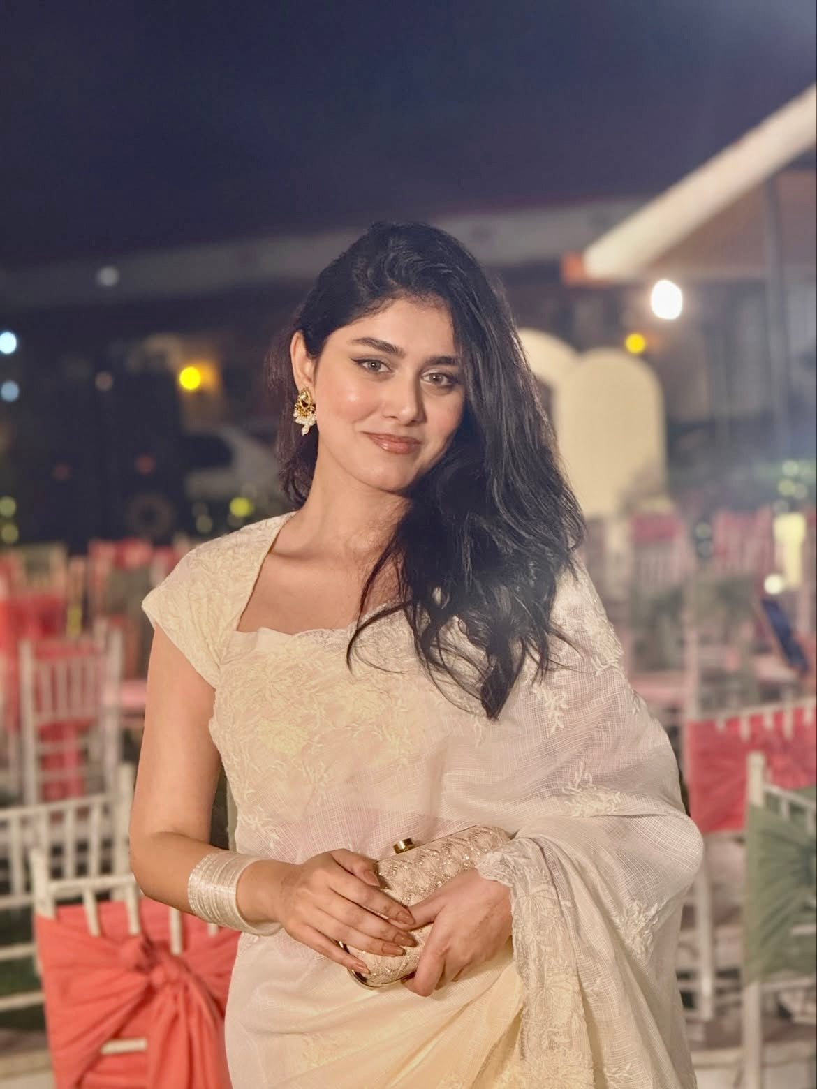 Cream White Kota Chex Embroidery Saree