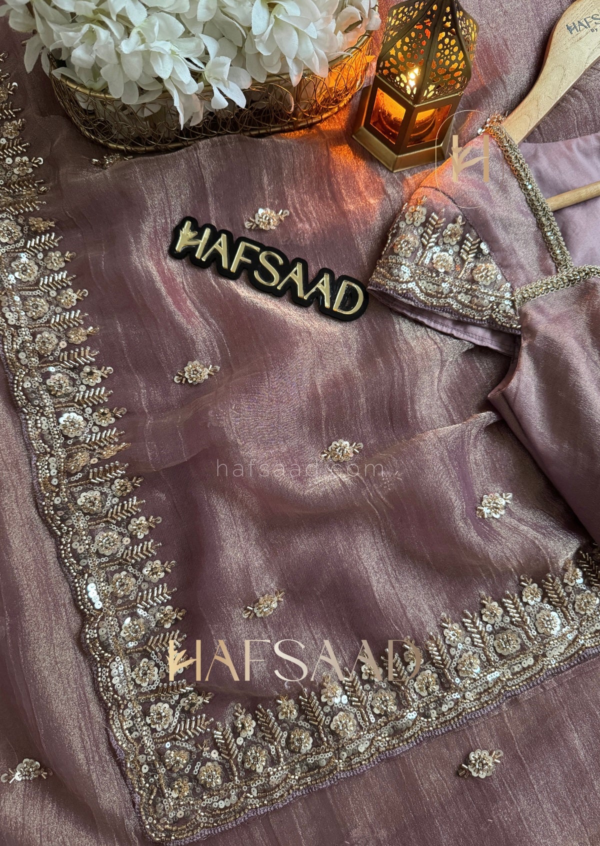 THISTLE PURPLE Tissue Silk Saree with antique gold and champagne-toned Works