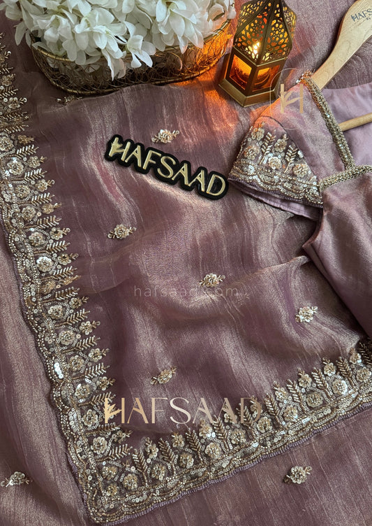 THISTLE PURPLE Tissue Silk Saree with antique gold and champagne-toned Works