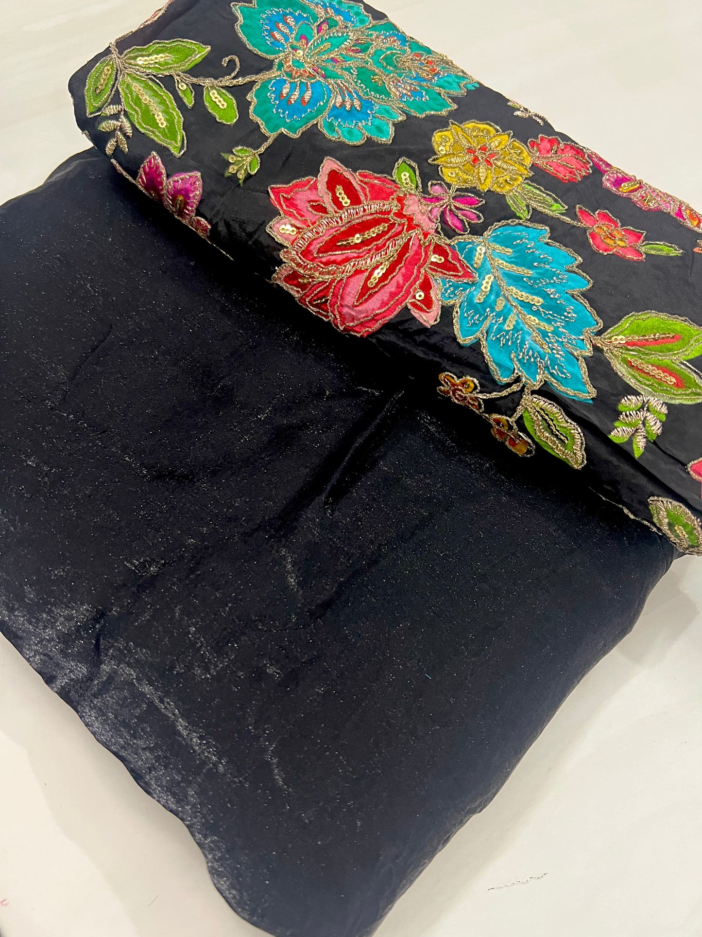 JET BLACK Color Fendi Silk Saree with Vibrant Multicoloured Floral Embroidery Blouse Piece