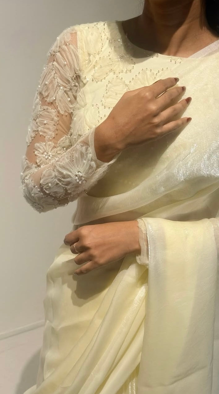 CREAM Color Premium Fendi Silk Plain Saree with Heavy Designer Blouse Piece