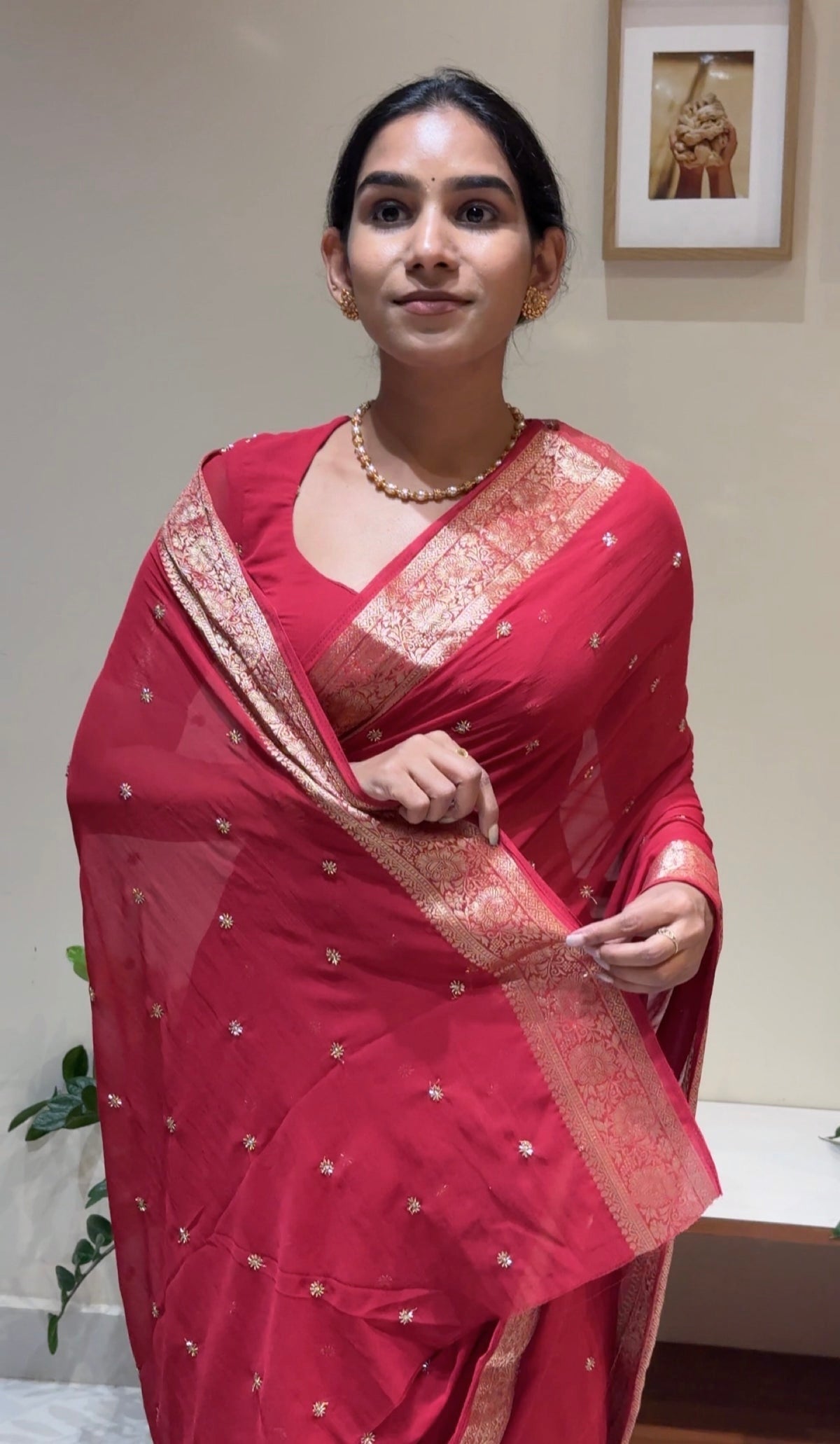 Raspberry Red Color Chiffon Saree