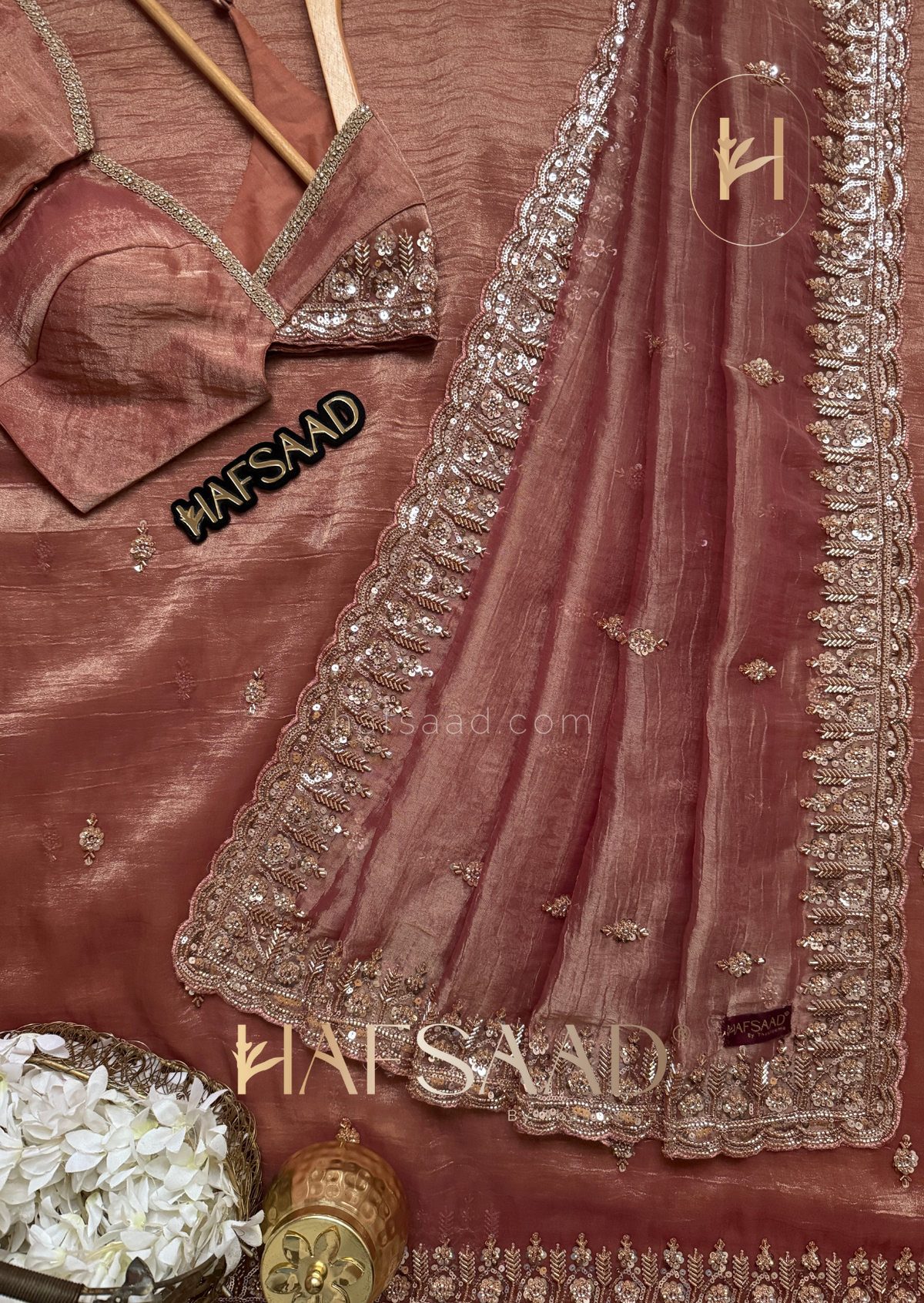 Rose Gold Tissue Silk Saree with antique gold and champagne-toned Works