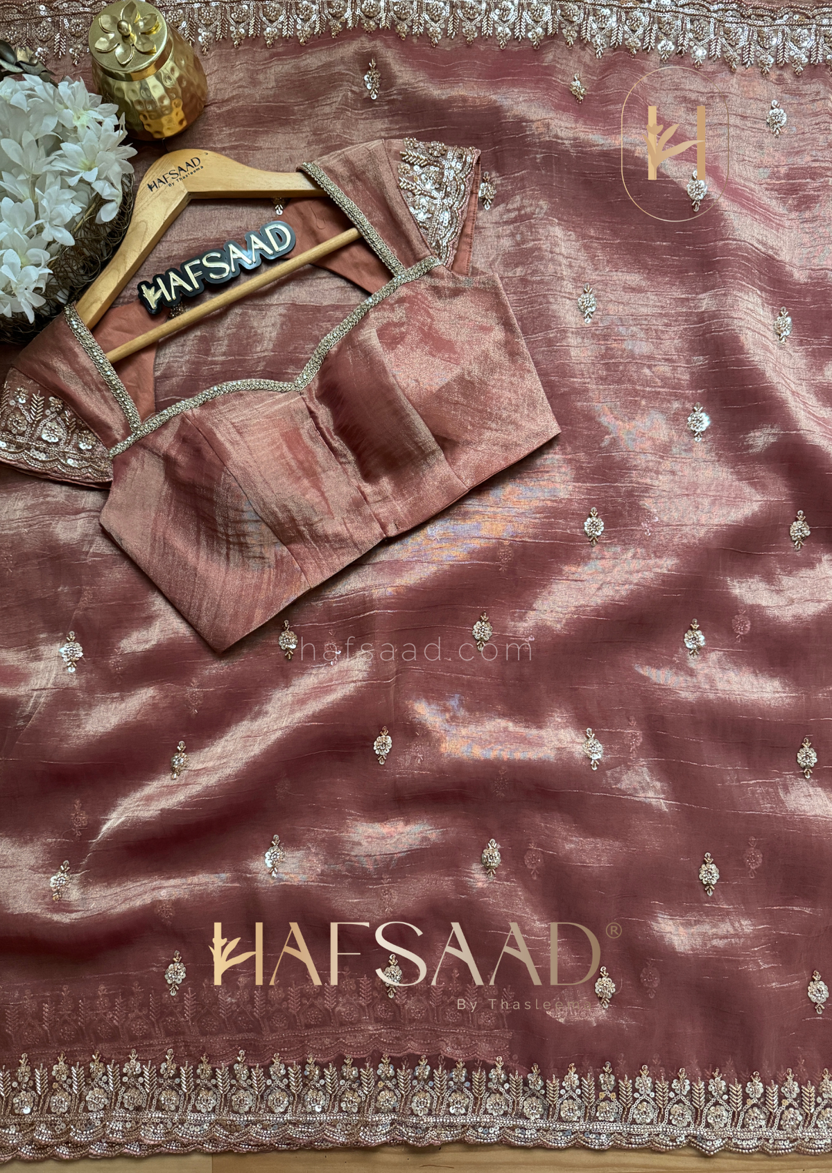 Rose Gold Tissue Silk Saree with antique gold and champagne-toned Works