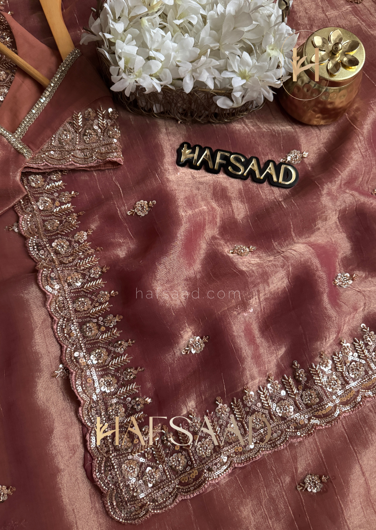 Rose Gold Tissue Silk Saree with antique gold and champagne-toned Works