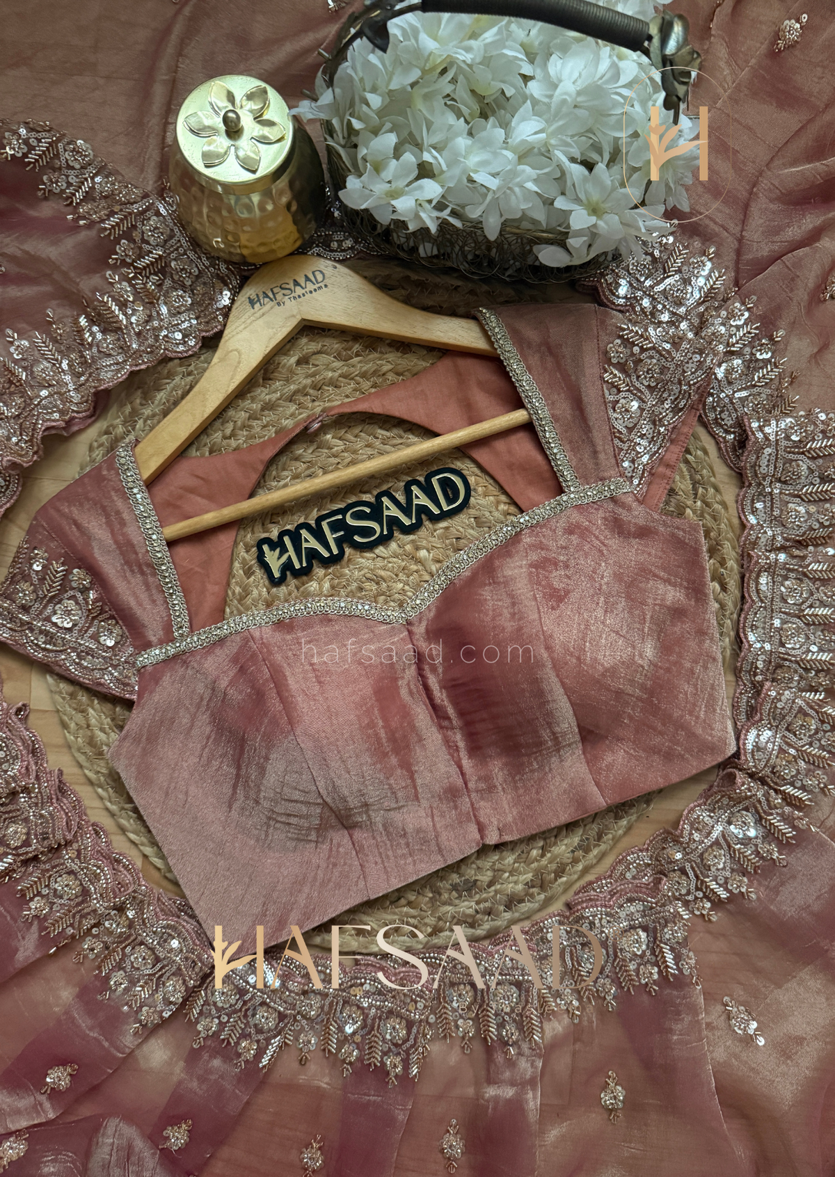 Rose Gold Tissue Silk Saree with antique gold and champagne-toned Works