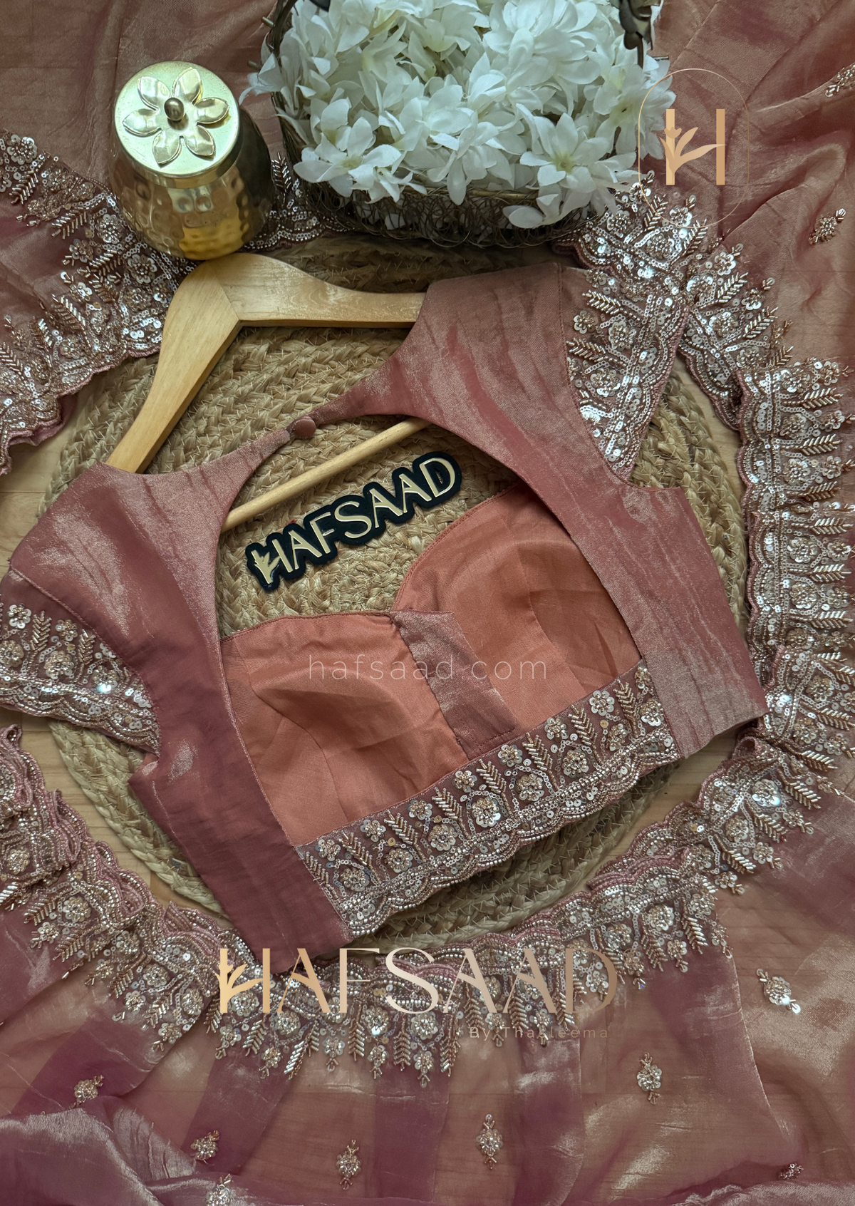 Rose Gold Tissue Silk Saree with antique gold and champagne-toned Works