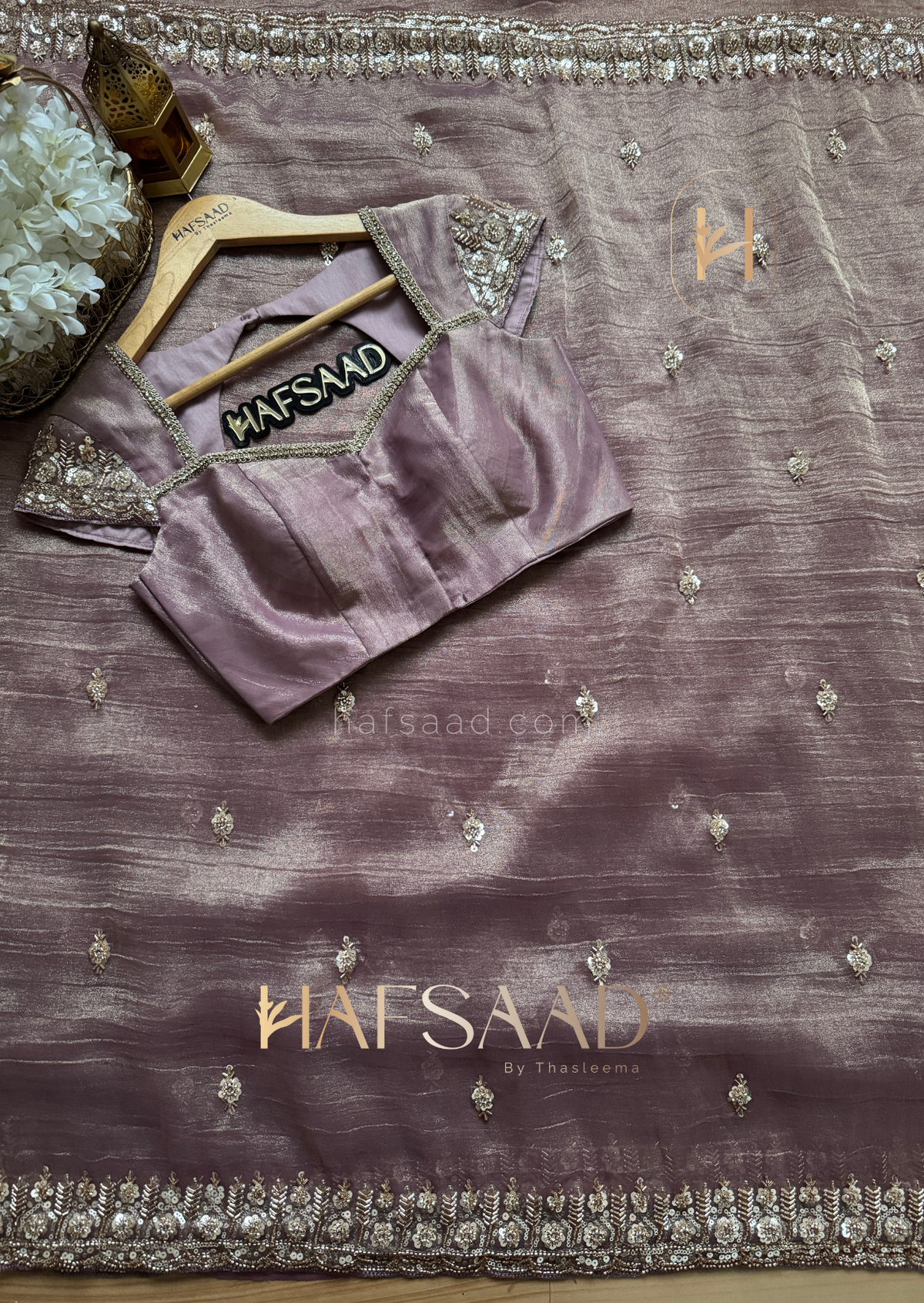 THISTLE PURPLE Tissue Silk Saree with antique gold and champagne-toned Works