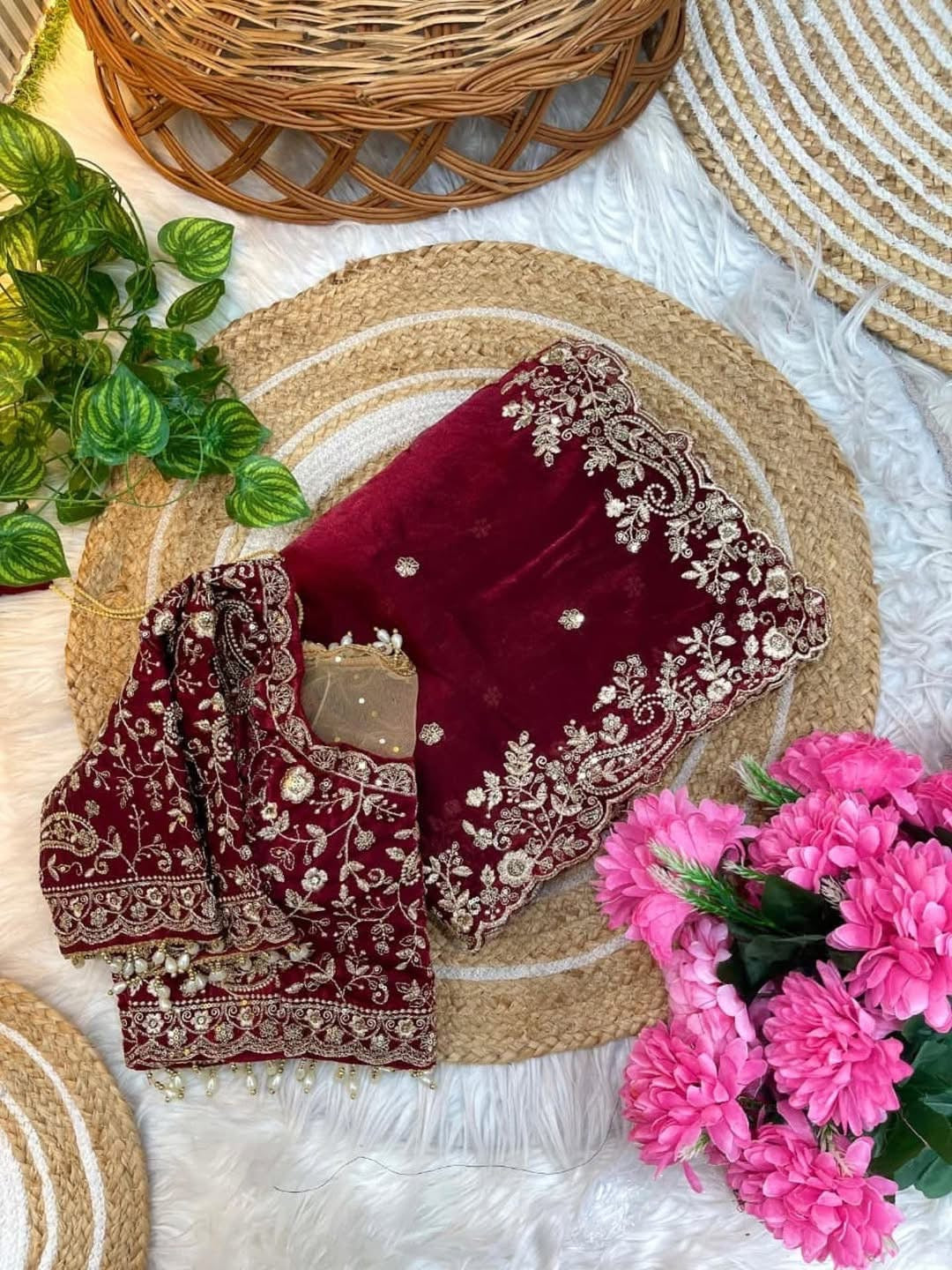 Maroon space silk embroidery saree