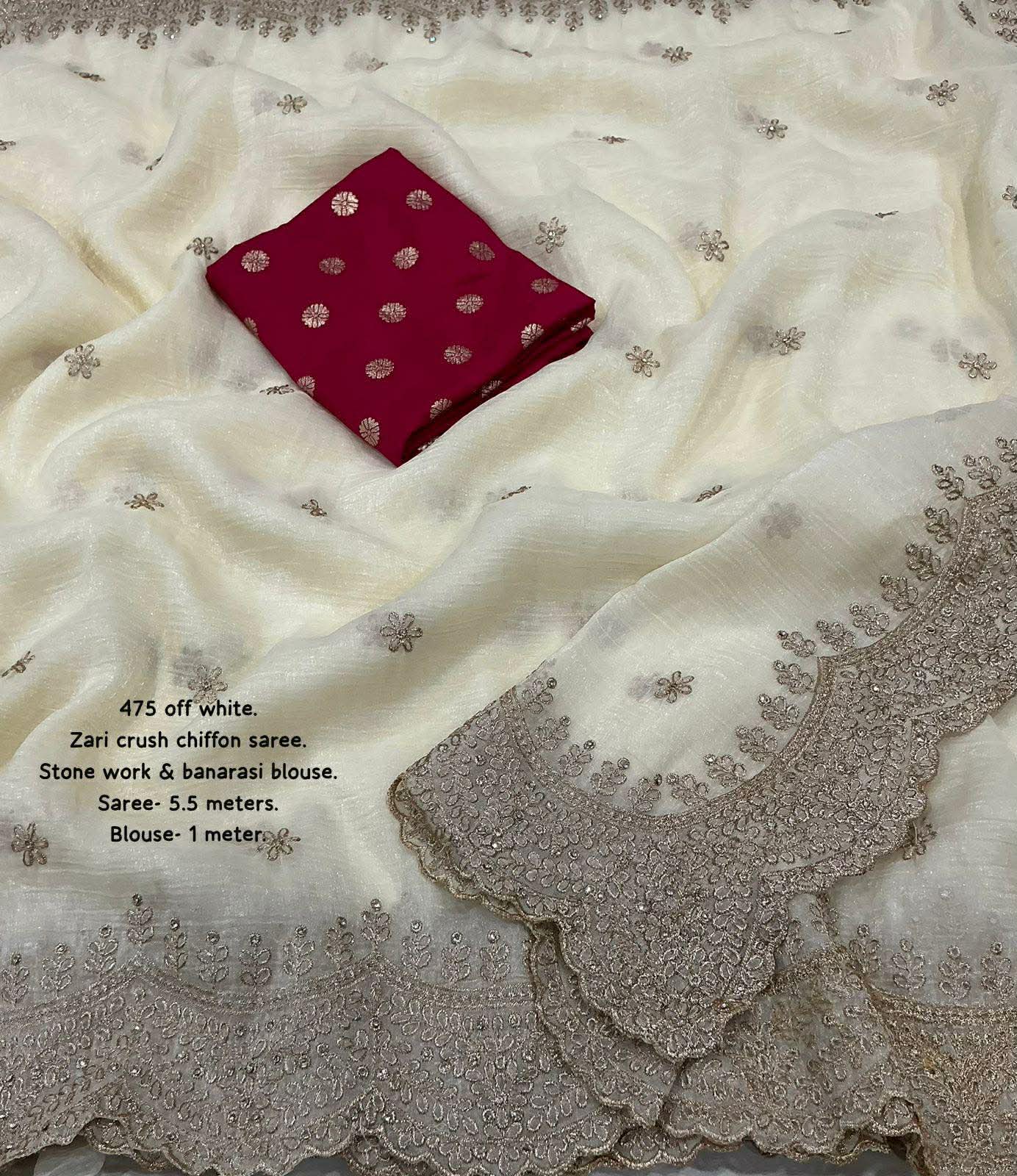 IVORY Color soft crunchy crush georgette saree with zari embroidery and stone work