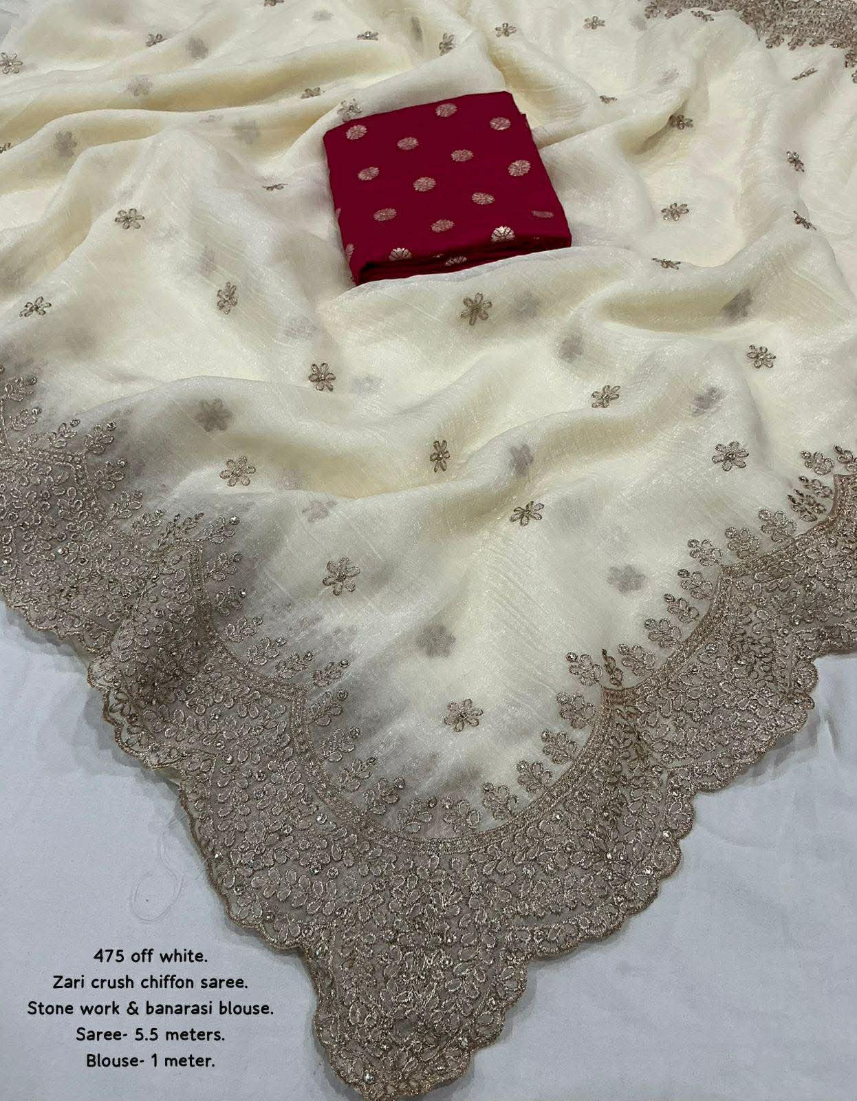 IVORY Color soft crunchy crush georgette saree with zari embroidery and stone work