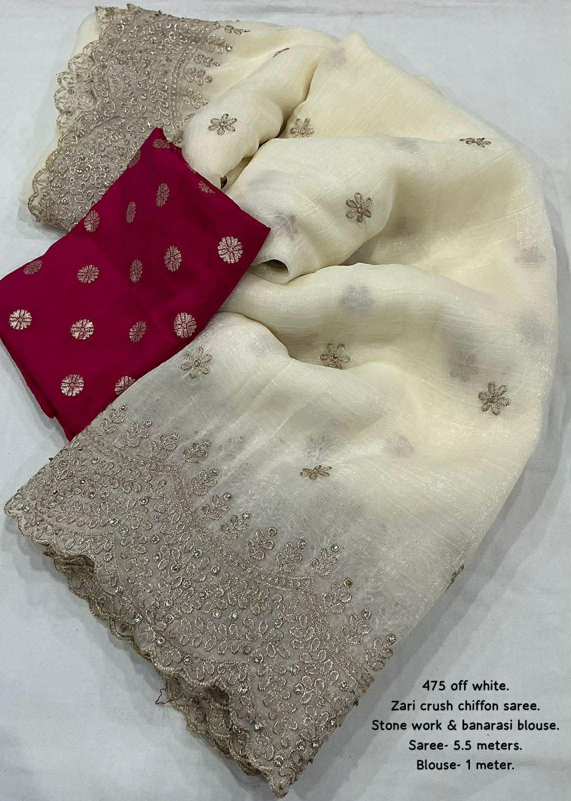 IVORY Color soft crunchy crush georgette saree with zari embroidery and stone work