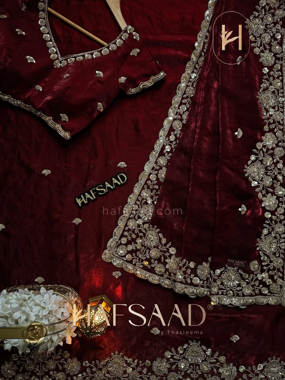 Deep Maroon Color Stardust Satin Saree with Faded Gold Color handwork