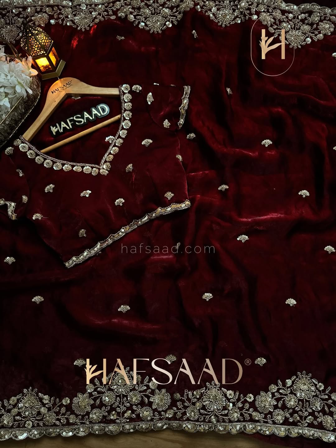 Deep Maroon Color Stardust Satin Saree with Faded Gold Color handwork
