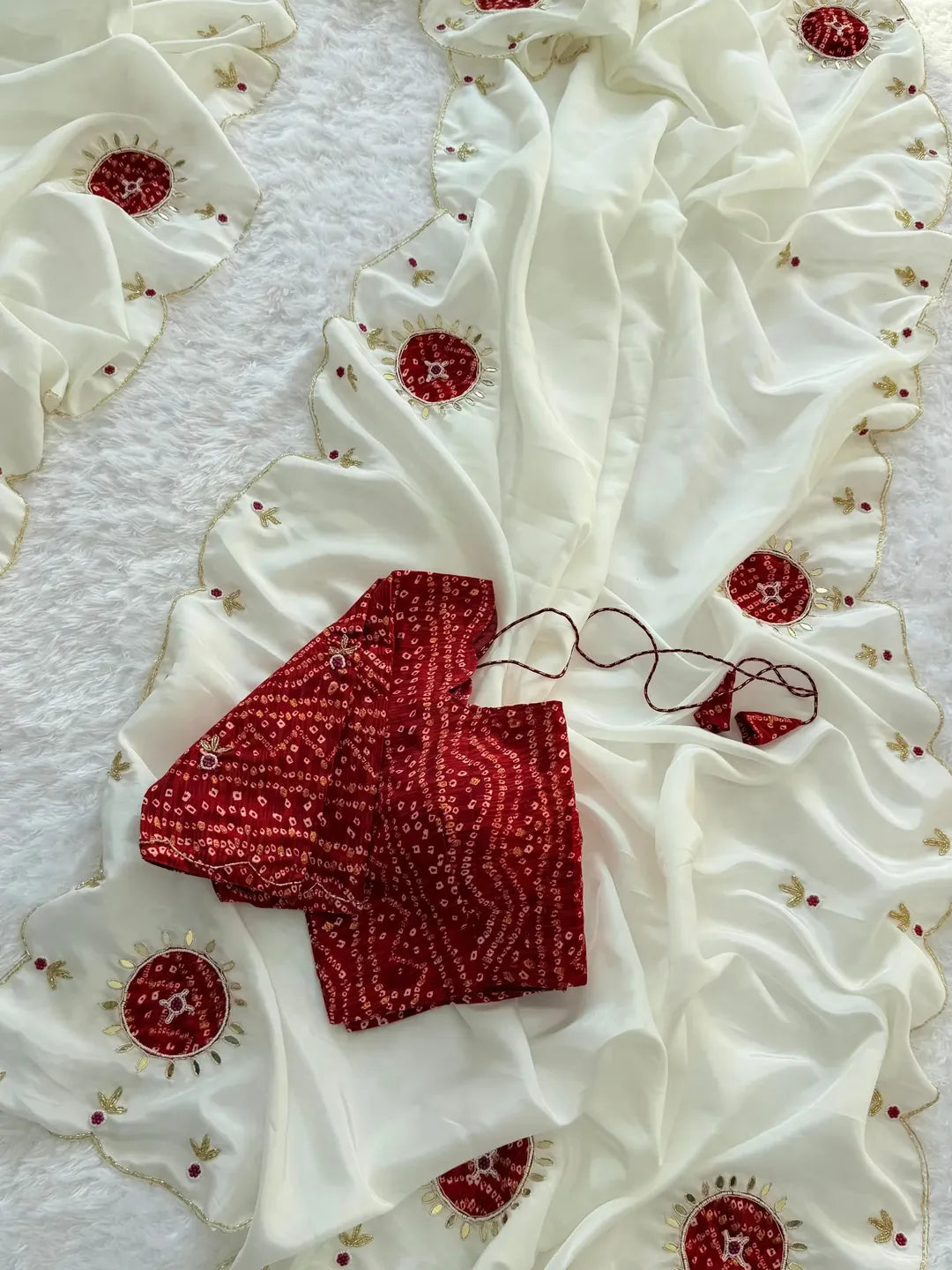 IVORY Color Light Weight Silk Saree with Heavy Beads, Handwork, Gota Patti and Sequins Work