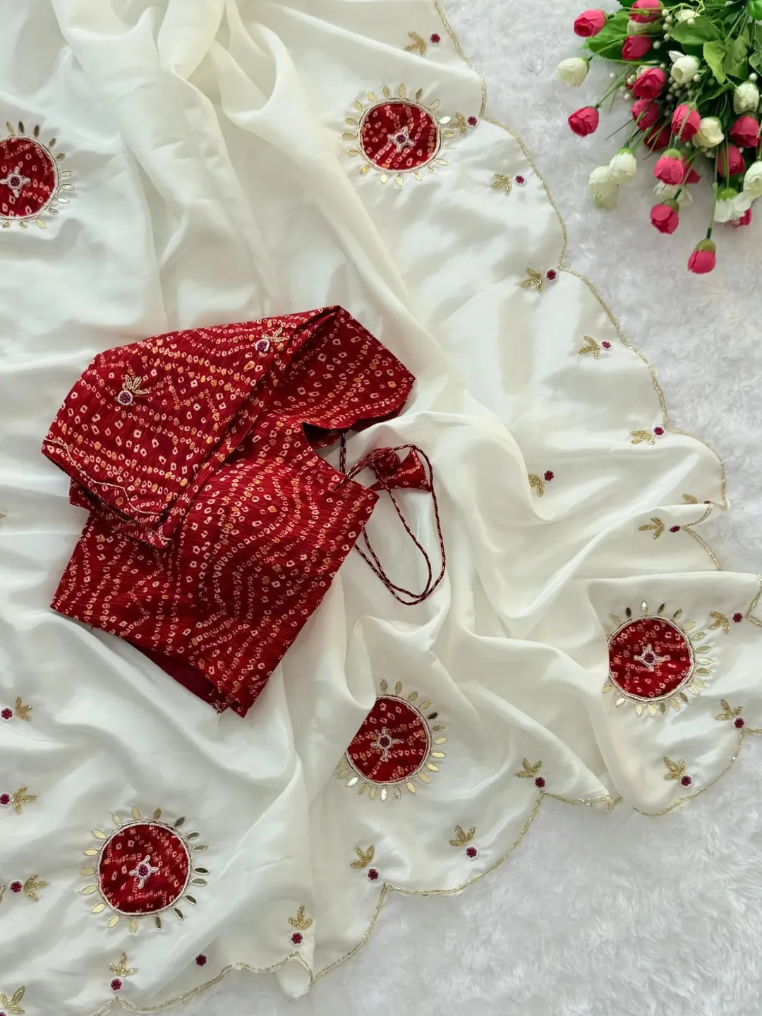 IVORY Color Light Weight Silk Saree with Heavy Beads, Handwork, Gota Patti and Sequins Work