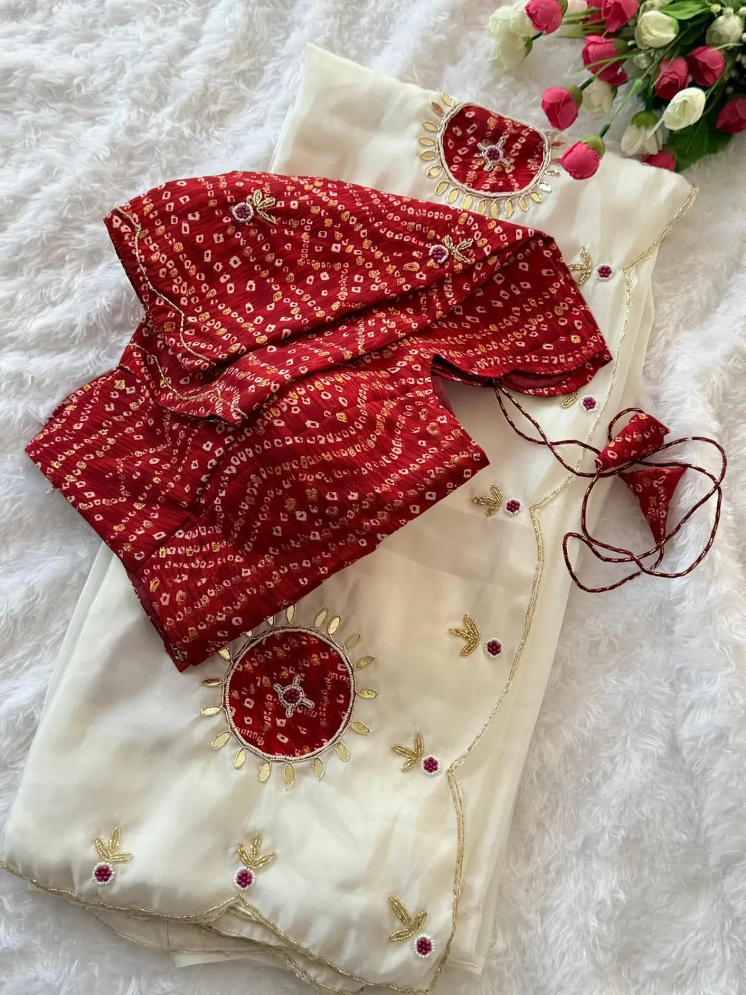 IVORY Color Light Weight Silk Saree with Heavy Beads, Handwork, Gota Patti and Sequins Work