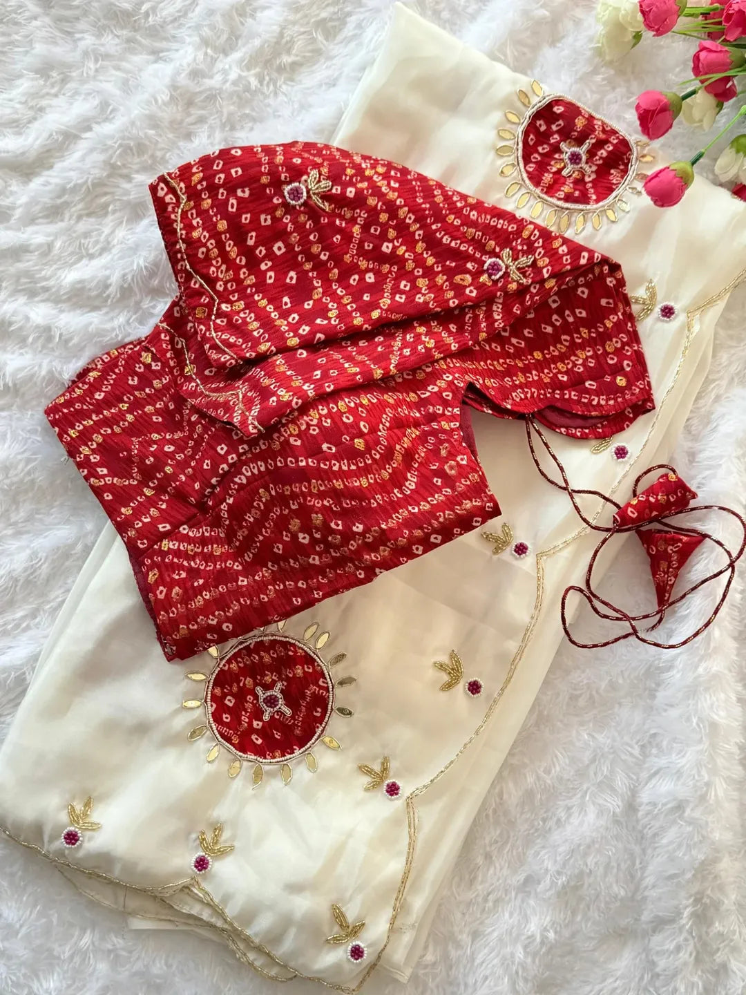 IVORY Color Light Weight Silk Saree with Heavy Beads, Handwork, Gota Patti and Sequins Work