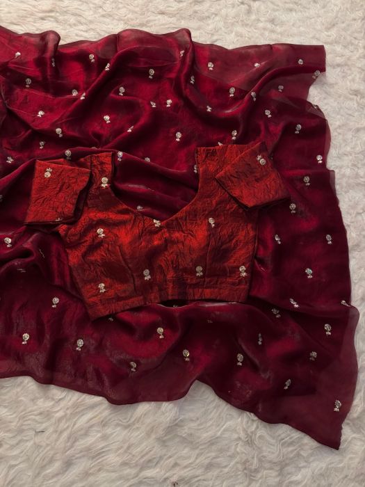 DEEP MAROON Color Stardust Satin Saree Dual Shaded Sequins Jari Butti Work Allover the saree