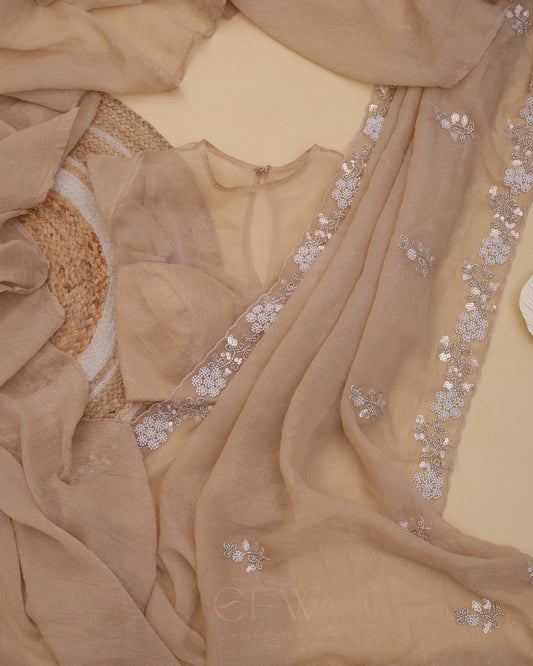 WARM BEIGE Color Chiffon Silk Saree Heavy Handwork with Beads work, Khatli Work, Sequins Work and Aacro Border