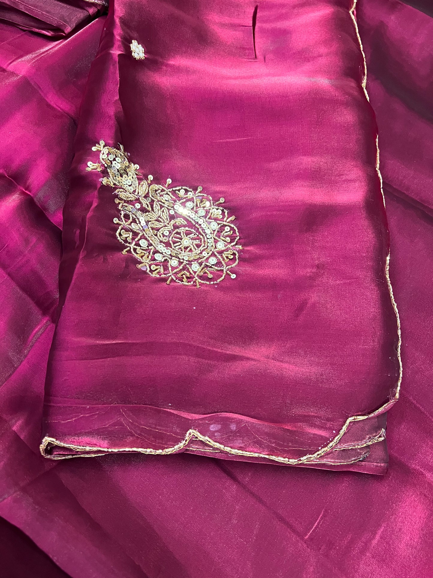 BURGUNDY Color Satin Organza Saree with FADED GOLD COLOR Lucrative handwork