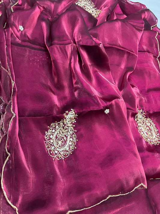 BURGUNDY Color Satin Organza Saree with FADED GOLD COLOR Lucrative handwork