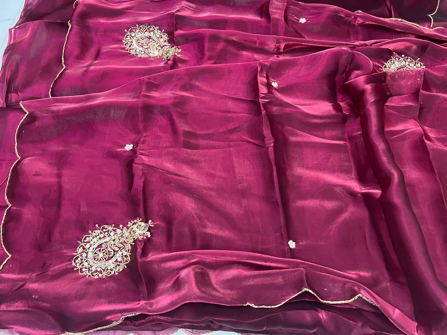 BURGUNDY Color Satin Organza Saree with FADED GOLD COLOR Lucrative handwork