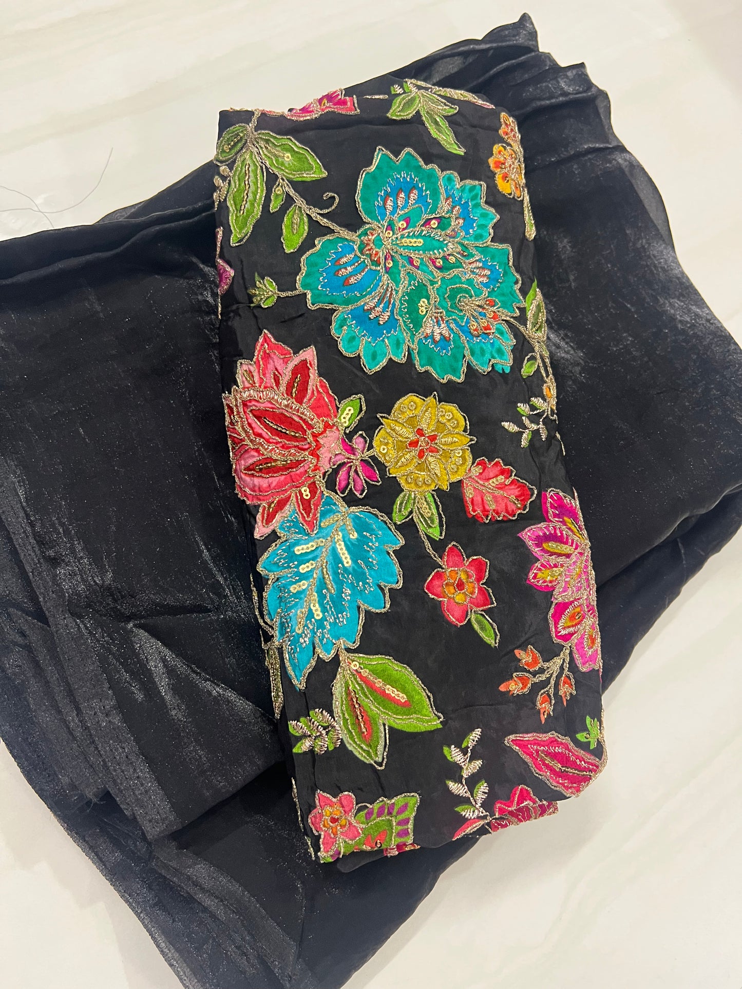 JET BLACK Color Fendi Silk Saree with Vibrant Multicoloured Floral Embroidery Blouse Piece