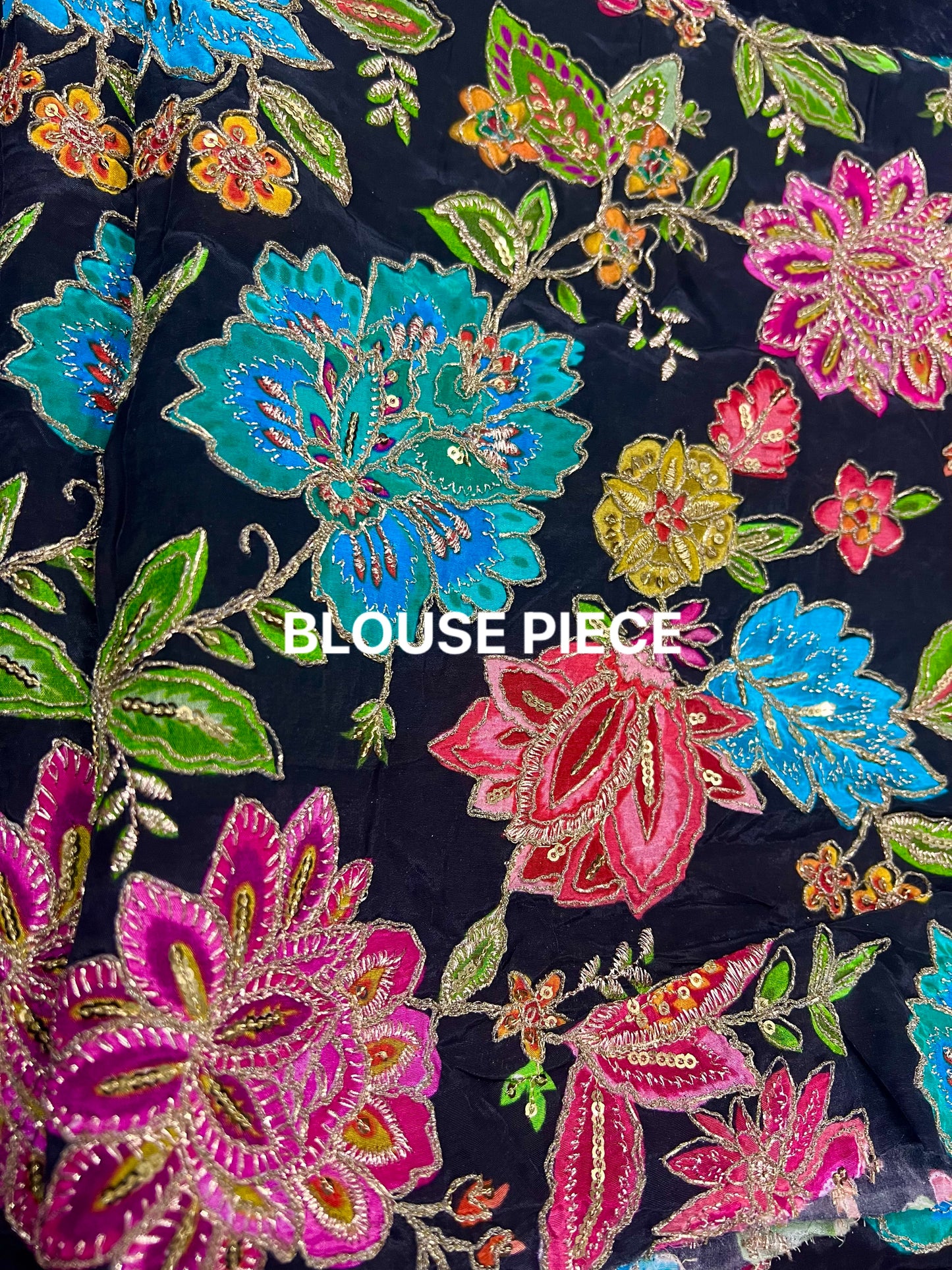 JET BLACK Color Fendi Silk Saree with Vibrant Multicoloured Floral Embroidery Blouse Piece