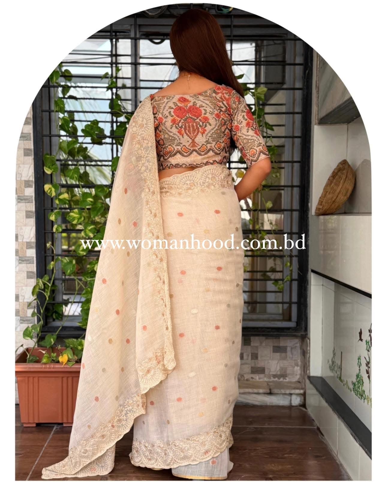 WARM IVORY Color Linen Cotton Saree with Three different shades Jari weaving butti