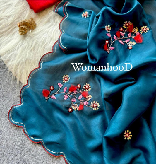 Teal Blue Color Rangoli Silk Saree with Aacro Border Heavily Designed Beads, Sequins and Khatli Work