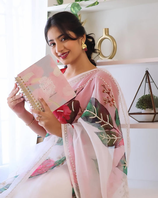 Pearls and Petals Elegant Organza Saree Beautiful print with Heavy Handcrafted Khatli and Pearl work all over saree paired with Plain Cherry Red Color Blouse Piece