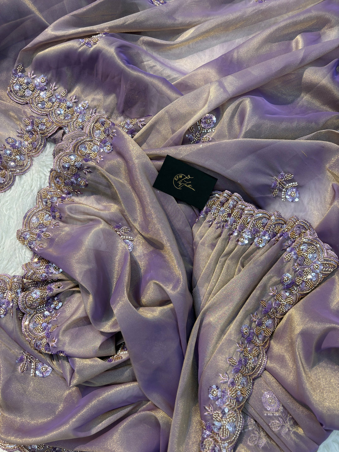 Tissue Silk Saree Dual Tone of Lilac and Gold Hues