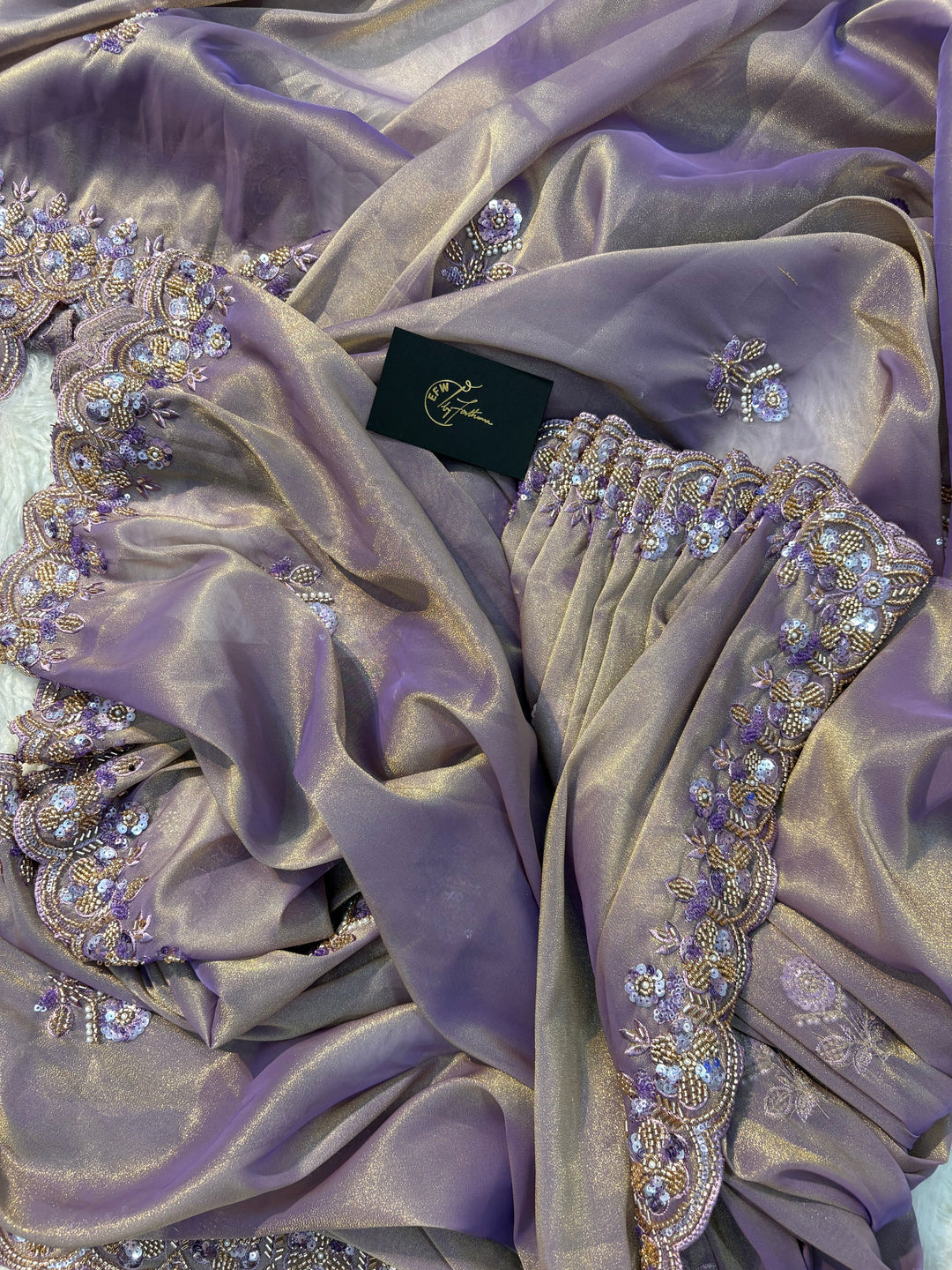 Tissue Silk Saree Dual Tone of Lilac and Gold Hues