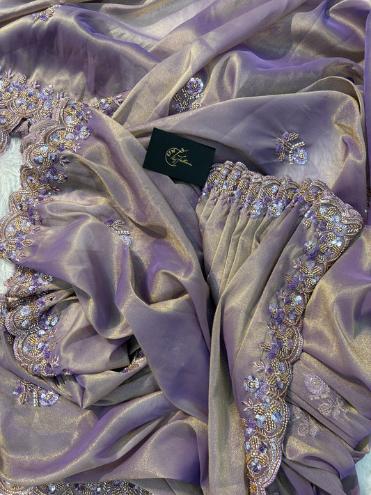 Tissue Silk Saree Dual Tone of Lilac and Gold Hues