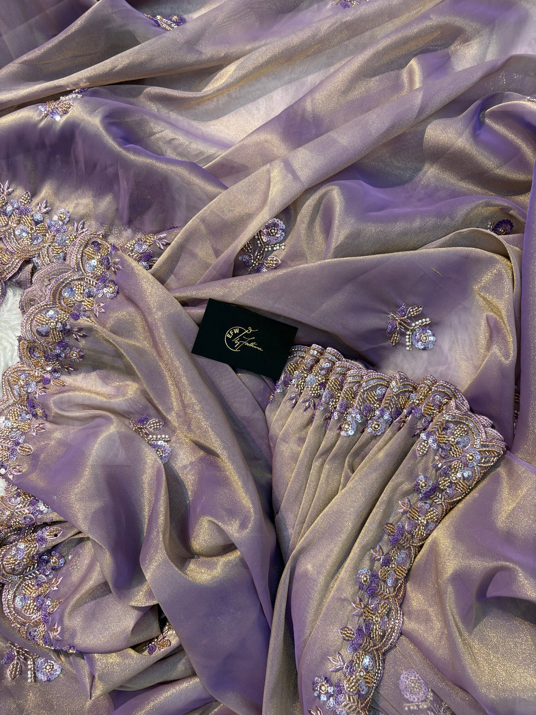 Tissue Silk Saree Dual Tone of Lilac and Gold Hues