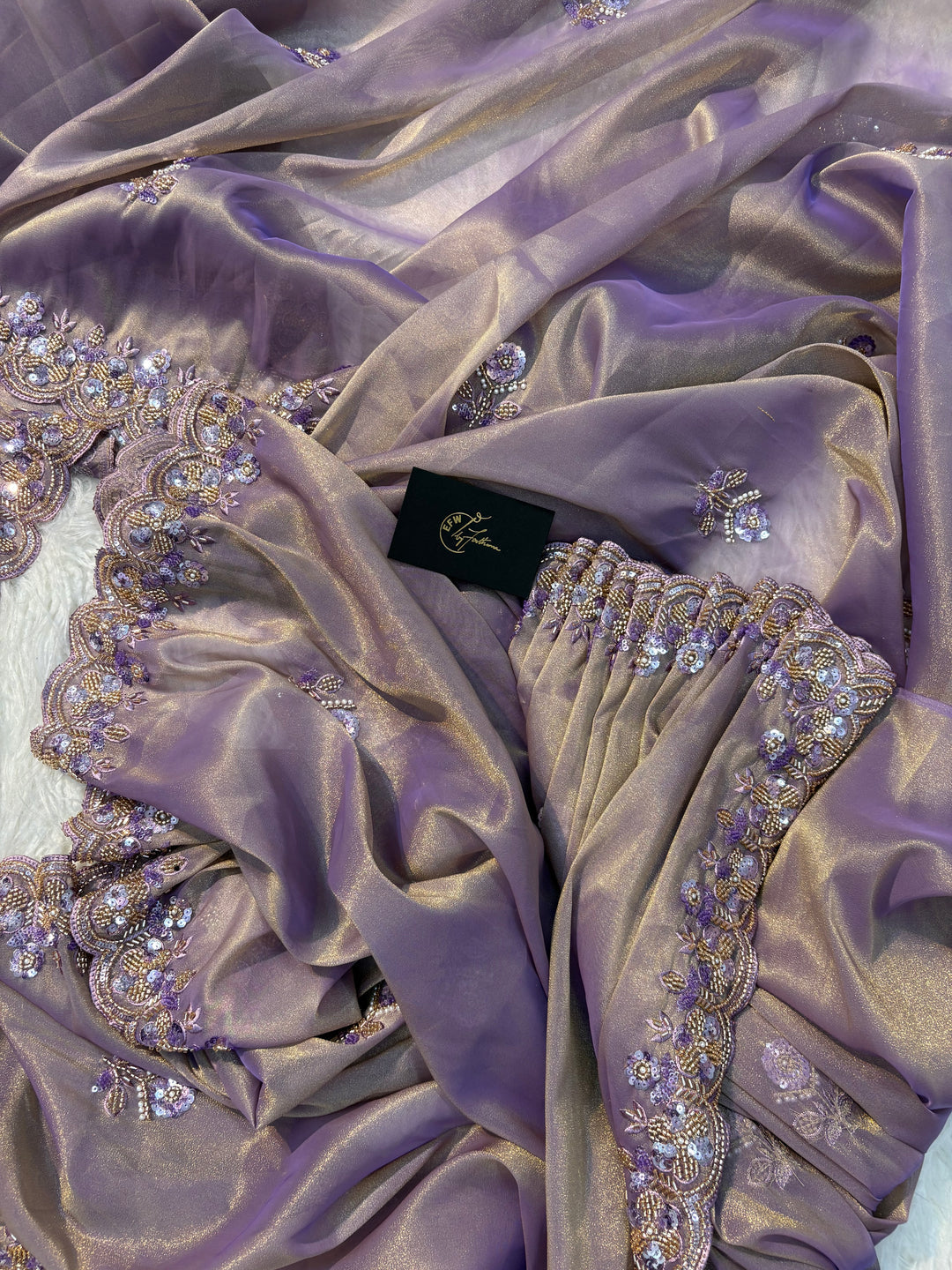 Tissue Silk Saree Dual Tone of Lilac and Gold Hues