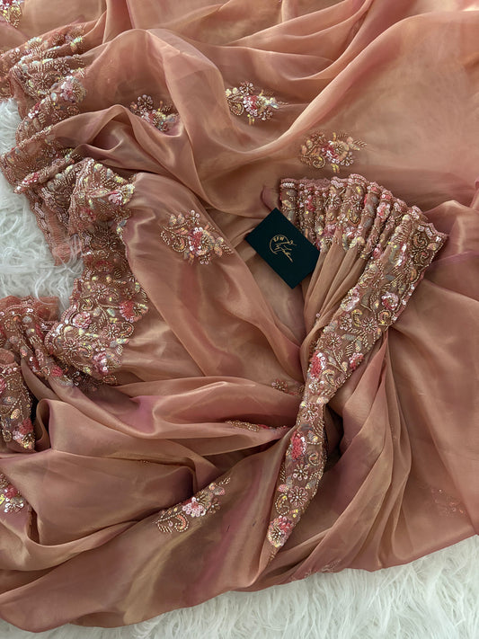 Tissue Silk Saree Dual Tone of Peach and Golden Hues