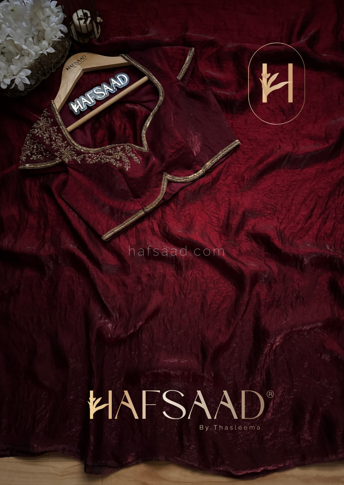 Stardust Satin Saree paried with Same Material Blouse with Artisanal Handwork (Khatli Work)