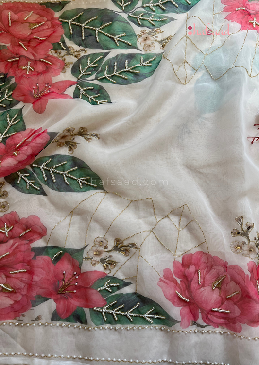 Celestial Printed Elegant Organza Saree with Heavy Handcrafted Khatli and Pearls and Petals work all over saree paired with Plain Cherry Red Color Blouse Piece
