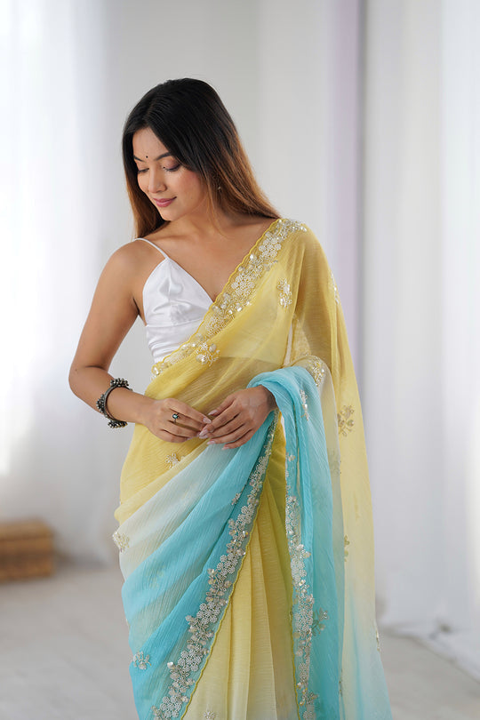 BLENDED COLOR of BUTTER YELLOW and ICY AQUA BLUE Chiffon Silk Saree