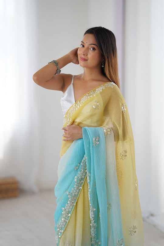 BLENDED COLOR of BUTTER YELLOW and ICY AQUA BLUE Chiffon Silk Saree