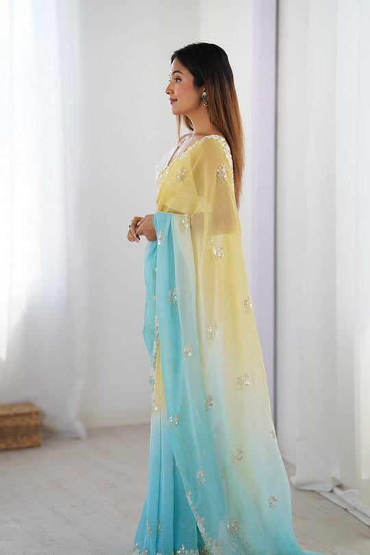 BLENDED COLOR of BUTTER YELLOW and ICY AQUA BLUE Chiffon Silk Saree