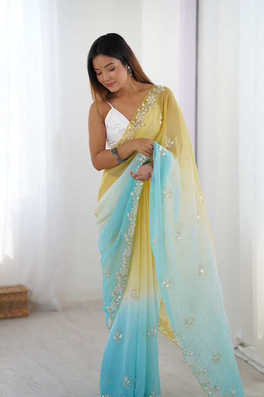 BLENDED COLOR of BUTTER YELLOW and ICY AQUA BLUE Chiffon Silk Saree
